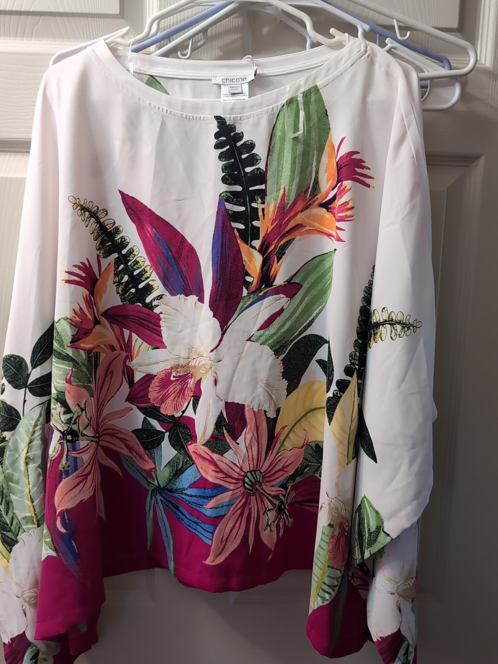Chico's White Floral Print Blouse with Magenta Trim